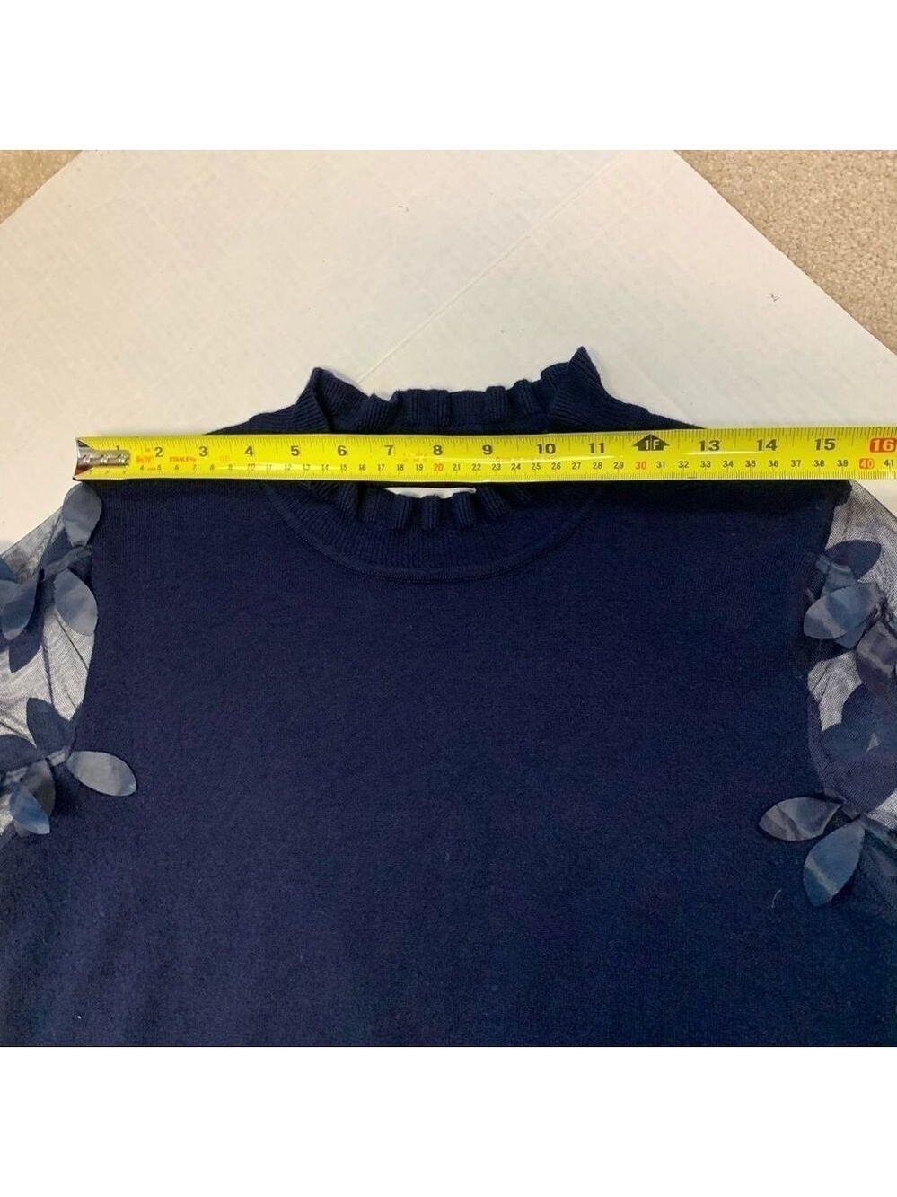 WILD Flower navy Leaf Mesh Sleeves Jumper Sz XS - Picture 10 of 12